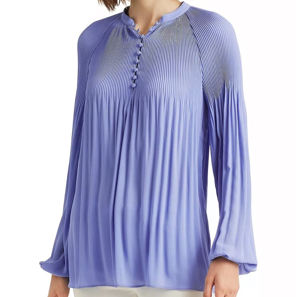 Lauren Ralph Lauren Blue Loch Blouse w/ Pleated Accents & Button-Up Front